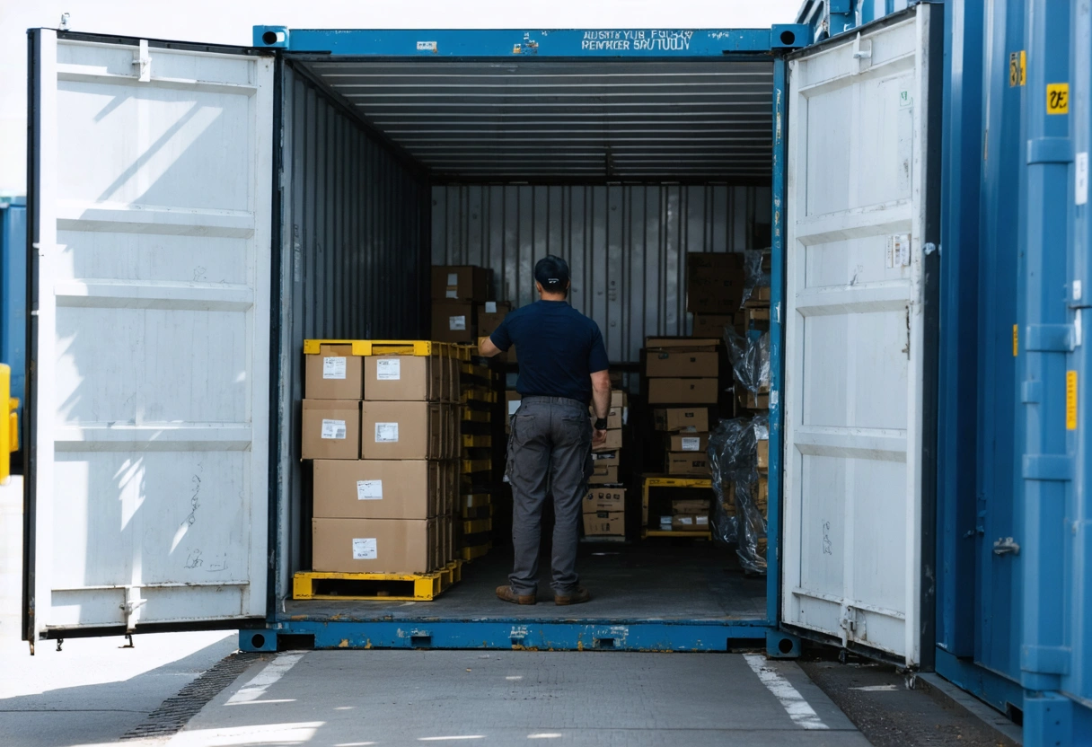 Person accesses stored items inside open steel storage container on business property