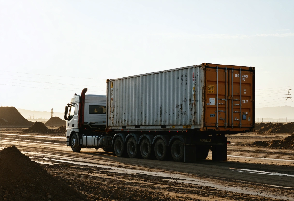 Storage container being delivered by truck to rural construction site in early morning light