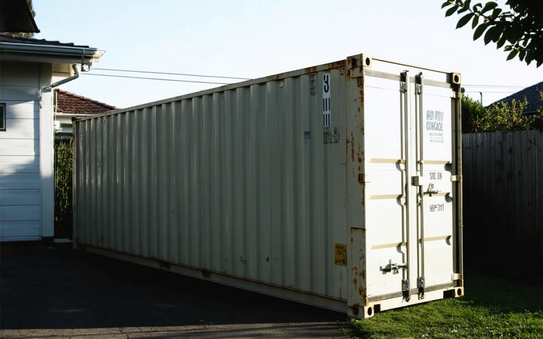 Steel storage container on residential driveway in morning light, secure and inviting atmosphere.