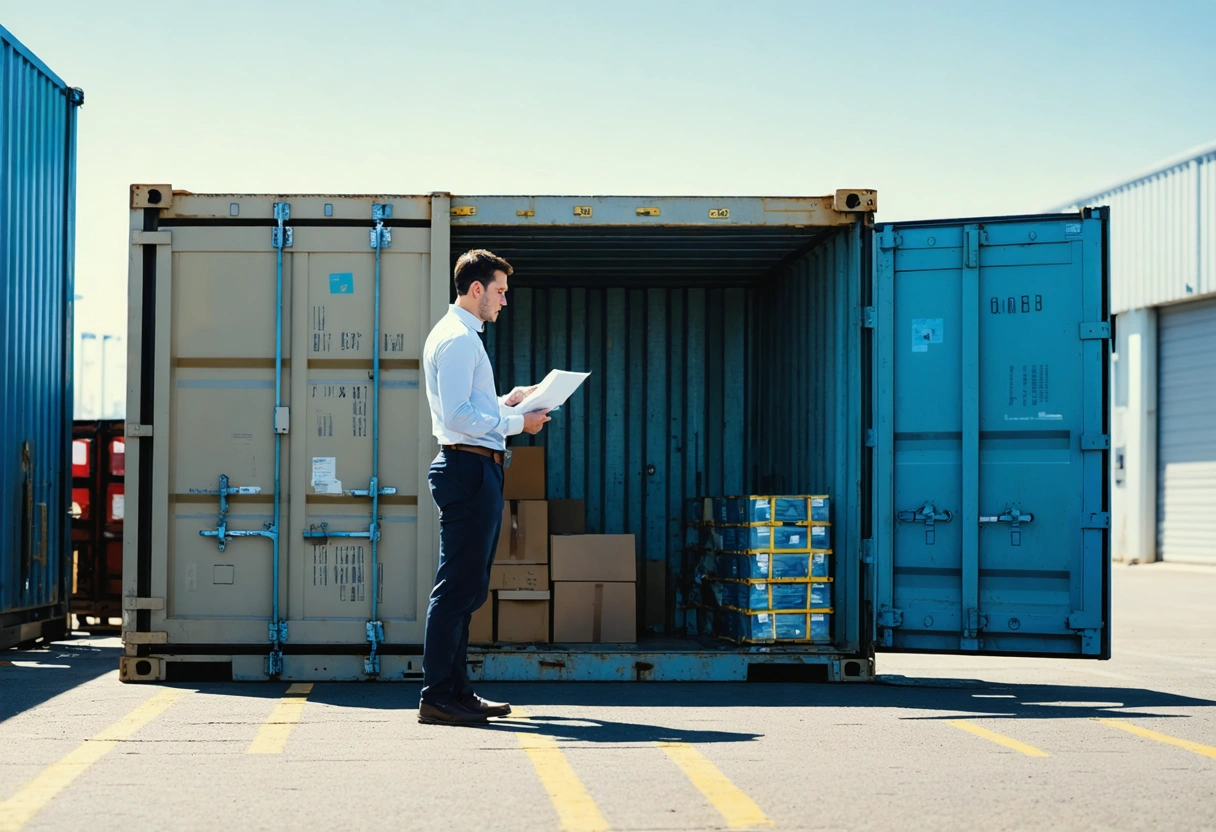 Business owner reviewing disaster recovery plan near secure storage container with emergency supplies visible