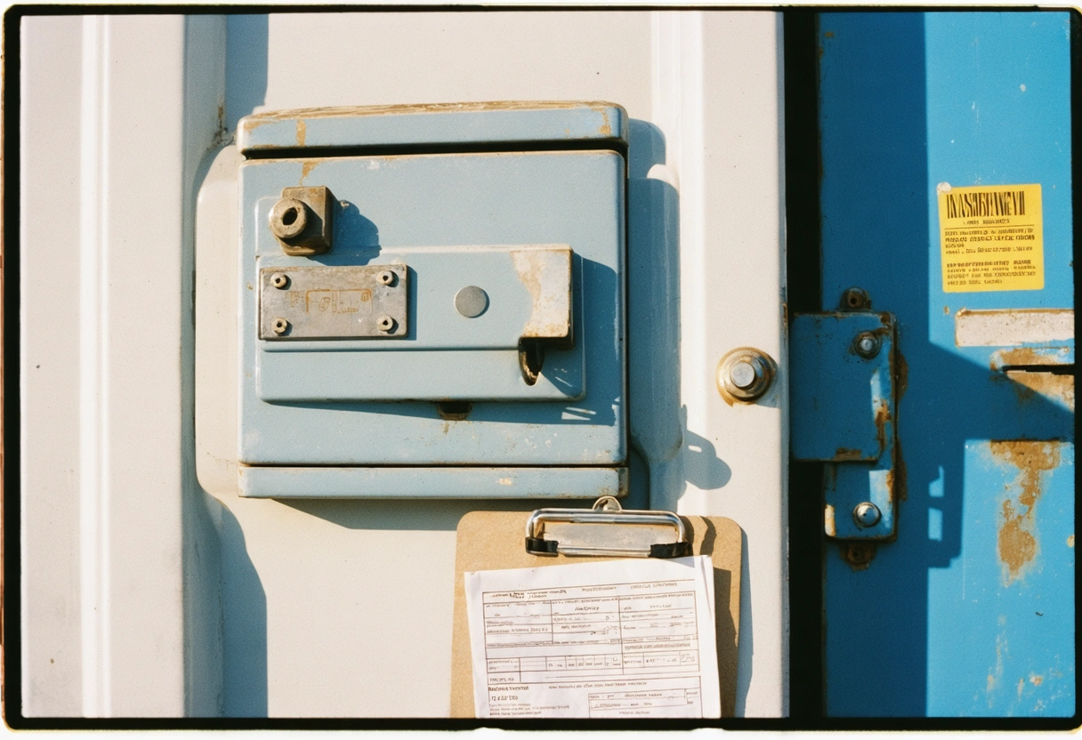 Close-up of lock and lock box on storage container door, insurance documents on clipboard nearby