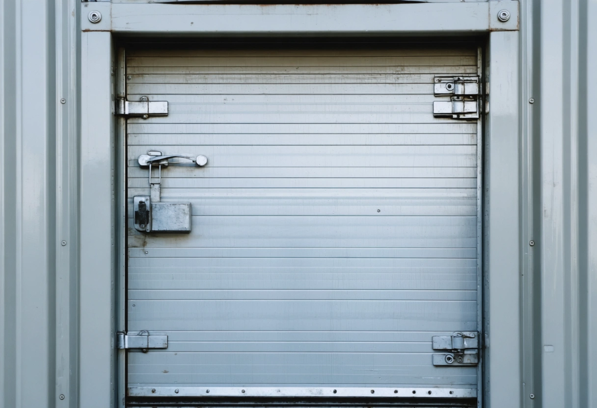 Close-up of reinforced steel storage container door with heavy-duty lock and thick walls