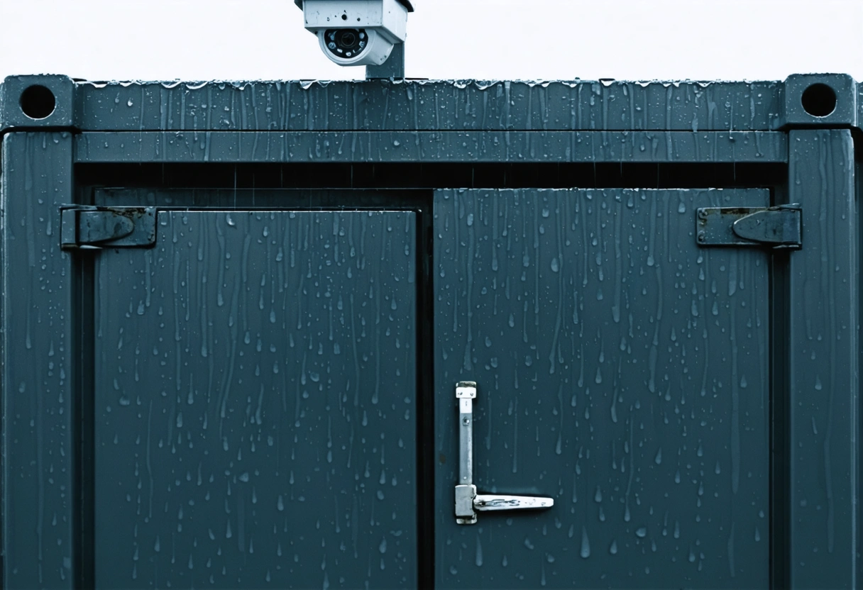 Close-up of steel storage container door with advanced lock and security camera in the rain