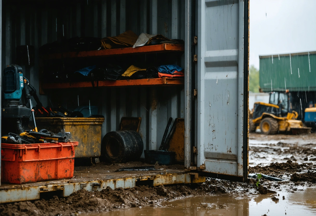 Open storage container on muddy site, tools and machinery dry inside, rain falling outside