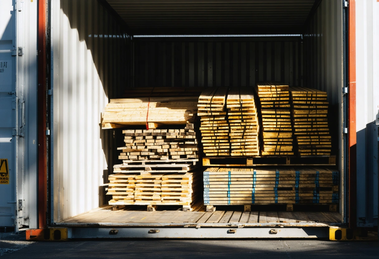 Construction materials like lumber and steel stored securely inside a weatherproof on-site container with sunlight