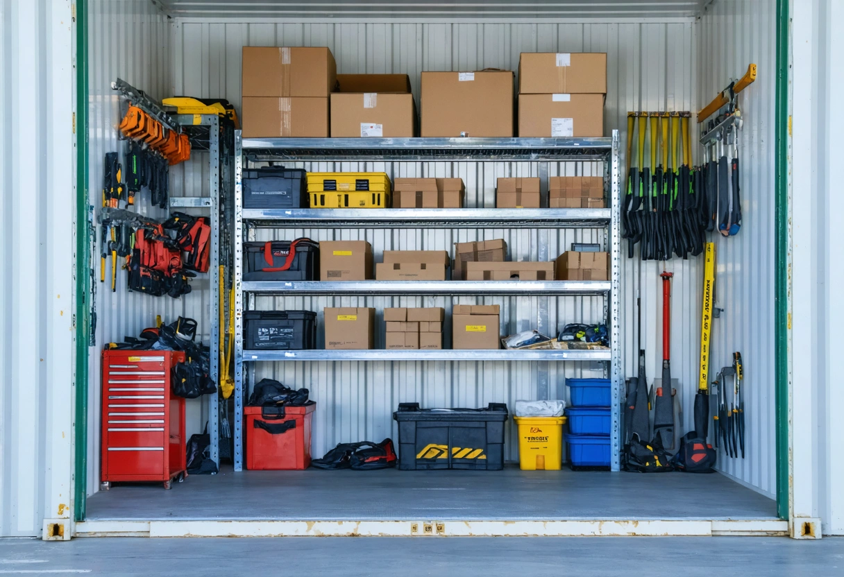 Close-up of metal shelving and wall racks with neatly arranged tools and boxes, practical setup