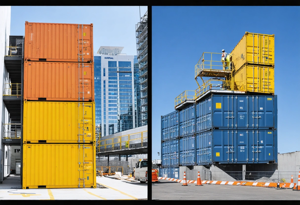 Collage of urban and hospital construction sites using on-site storage containers as workflow hubs in daylight