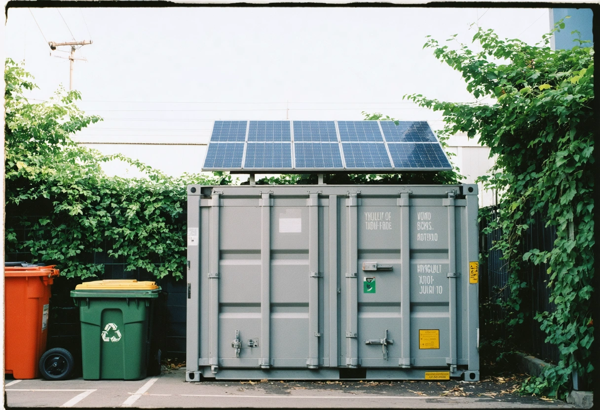 Eco-friendly storage container with solar panels, greenery, and recycling bins under clear sky