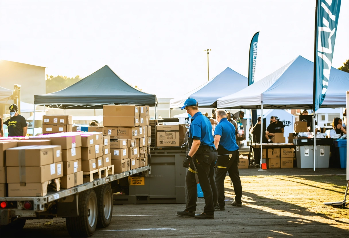 Event staff unloading supplies from storage container at outdoor festival with tents and banners