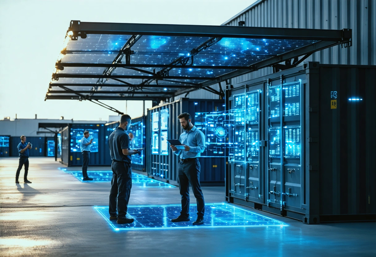 Futuristic storage container complex with solar panels, digital monitoring screens, and staff using tablets