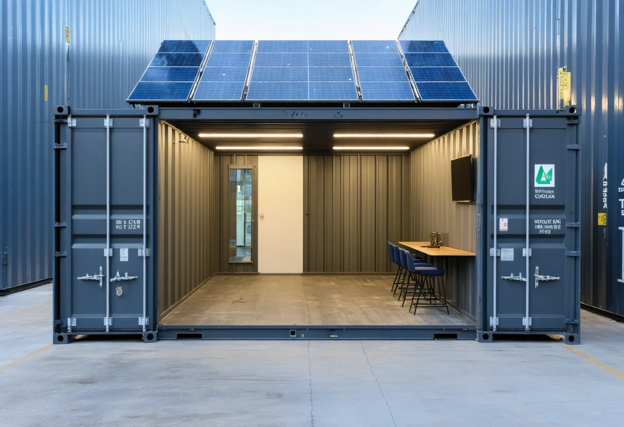 Interior of a shipping container on-site with LED lighting, solar panels on roof, and organized layout