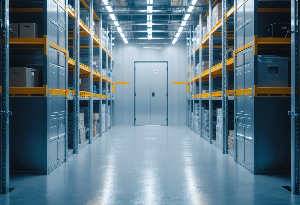 Interior of secure storage container with steel walls, tamper-evident seals, and bright LED lighting