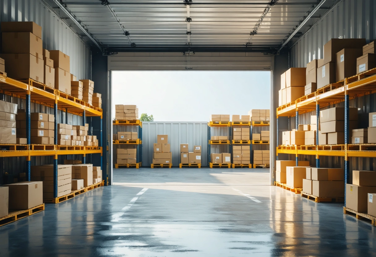 Interior of a storage container with shelves and boxes, sunlight streaming through open door