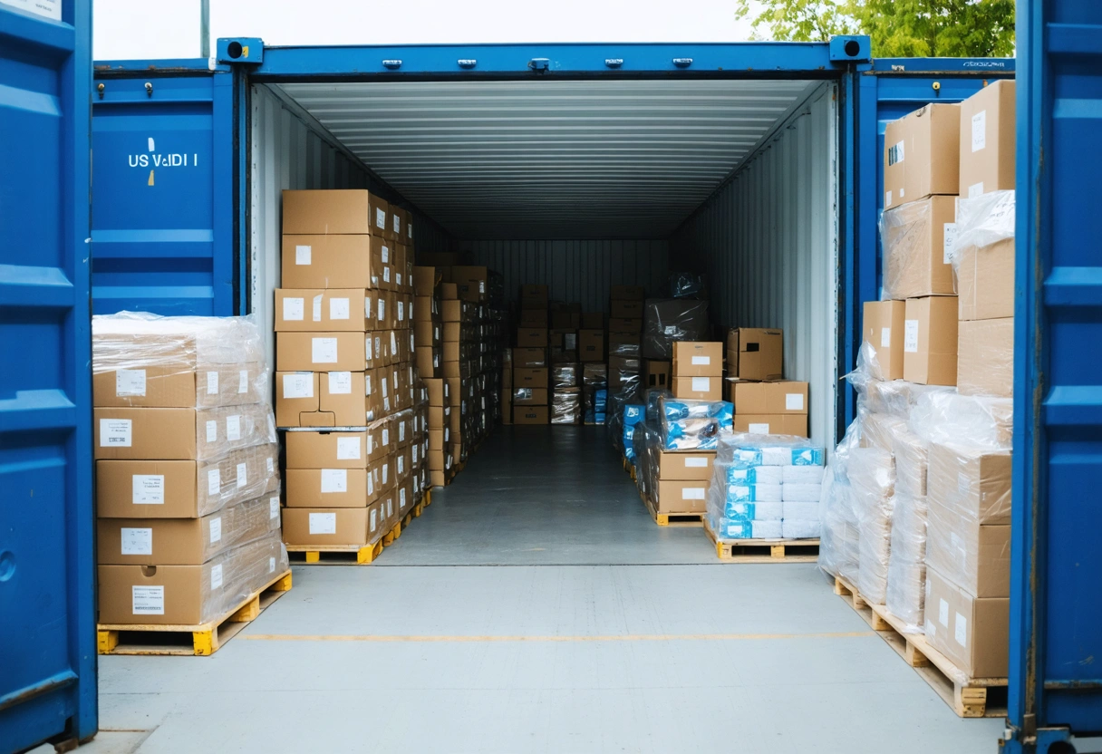 Interior of storage container with labeled boxes and bubble-wrapped items, aisle for easy access