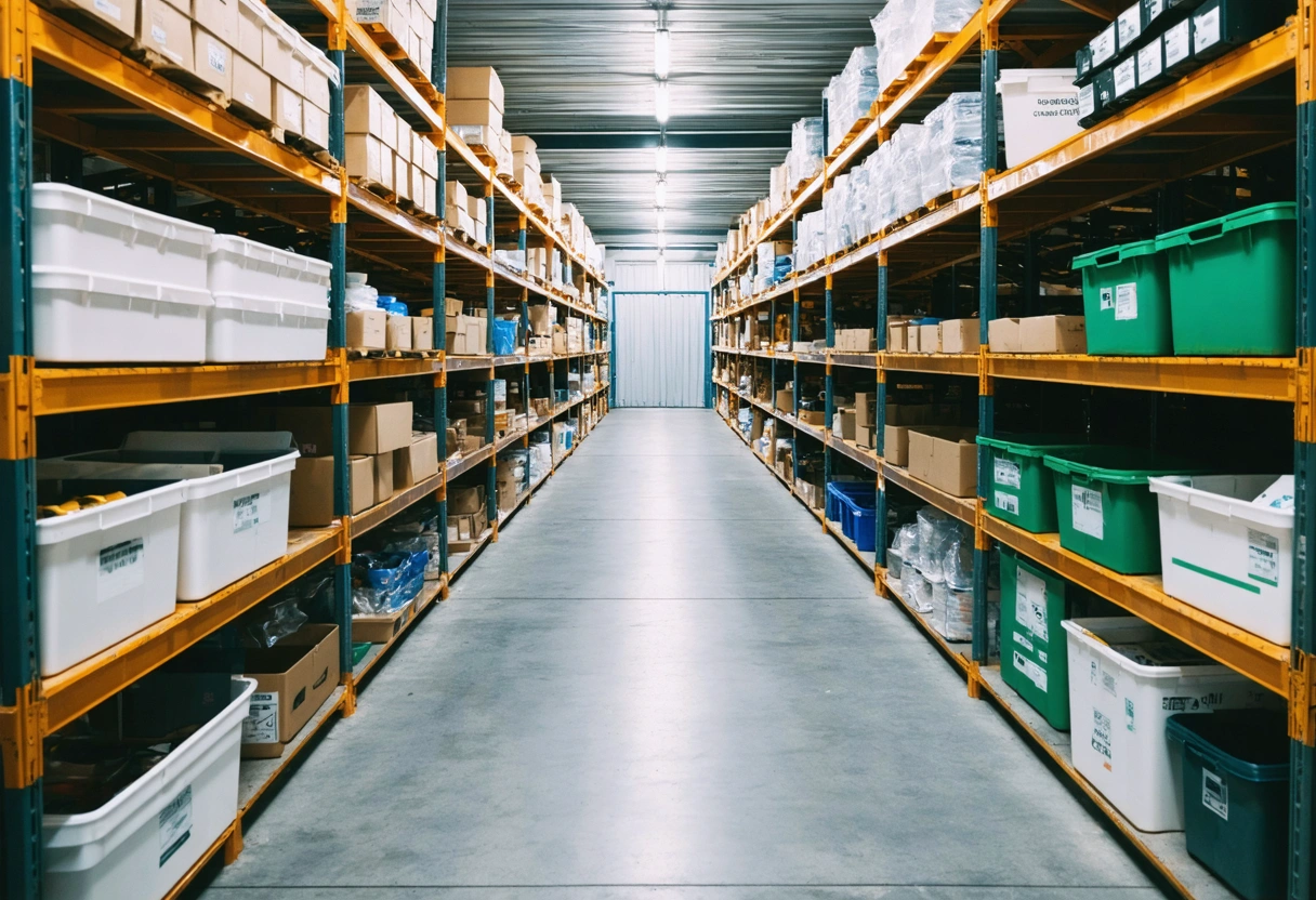 Storage container interior with organized shelves and bins, clear aisle, bright lighting, accessible layout