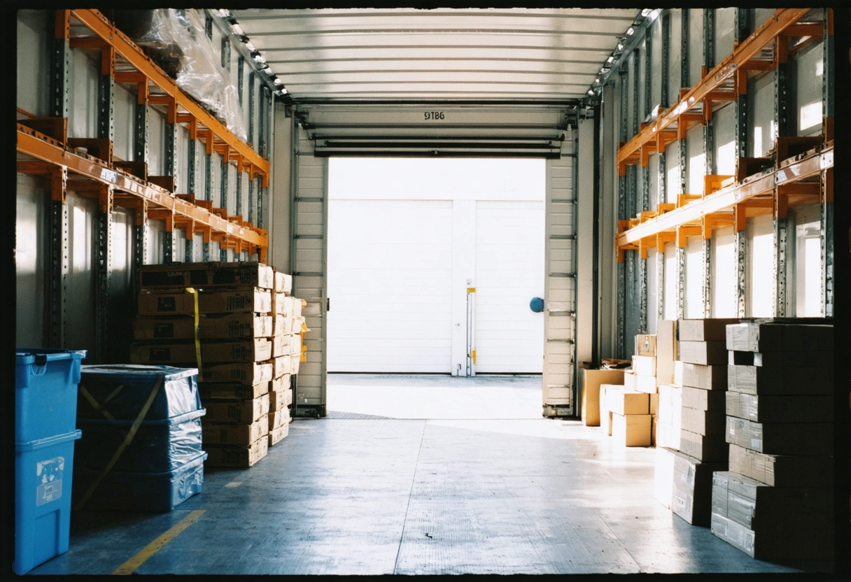 Storage container interior with sturdy shelves, secured heavy items, non-slip mats, visible security lock