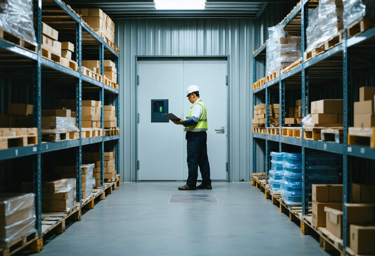 Interior of storage container with organized shelves, worker using digital access panel, clipboard and inventory visible