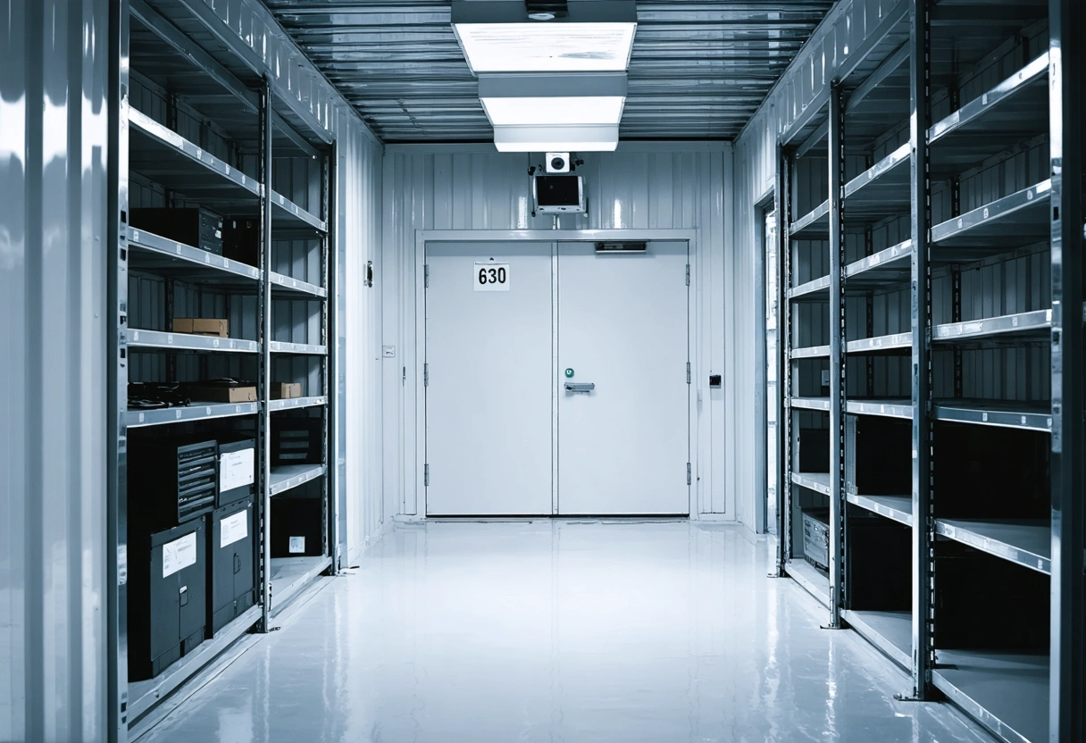 Climate-controlled storage container interior with locked shelves, protected files, backup servers, and surveillance camera