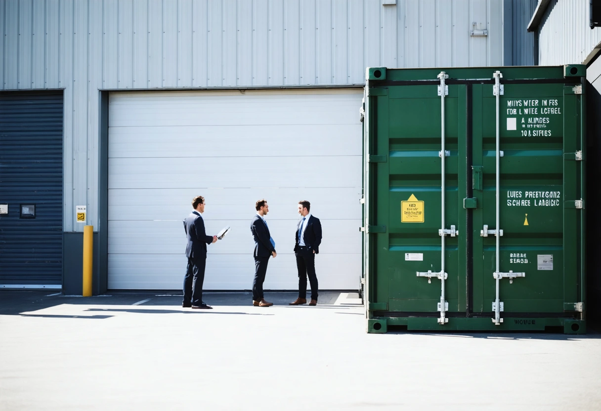 Business professionals discuss logistics outside a modern office with a secure steel storage container nearby