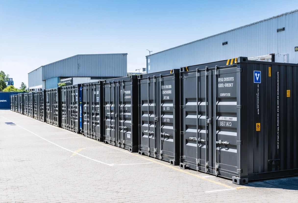 Modern on-site storage containers outside a business, clearly labeled and neatly arranged in daylight