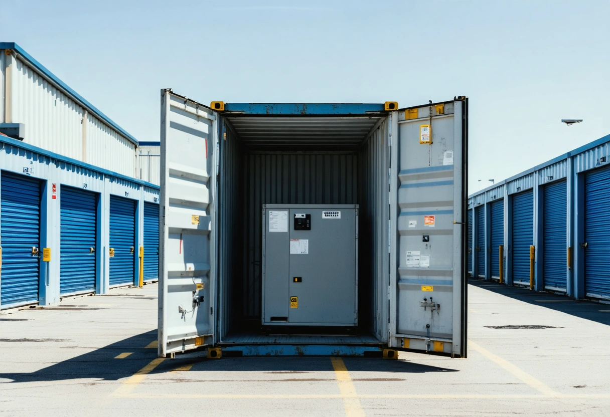 Multiple storage containers in a business lot, one open with shelves and climate control