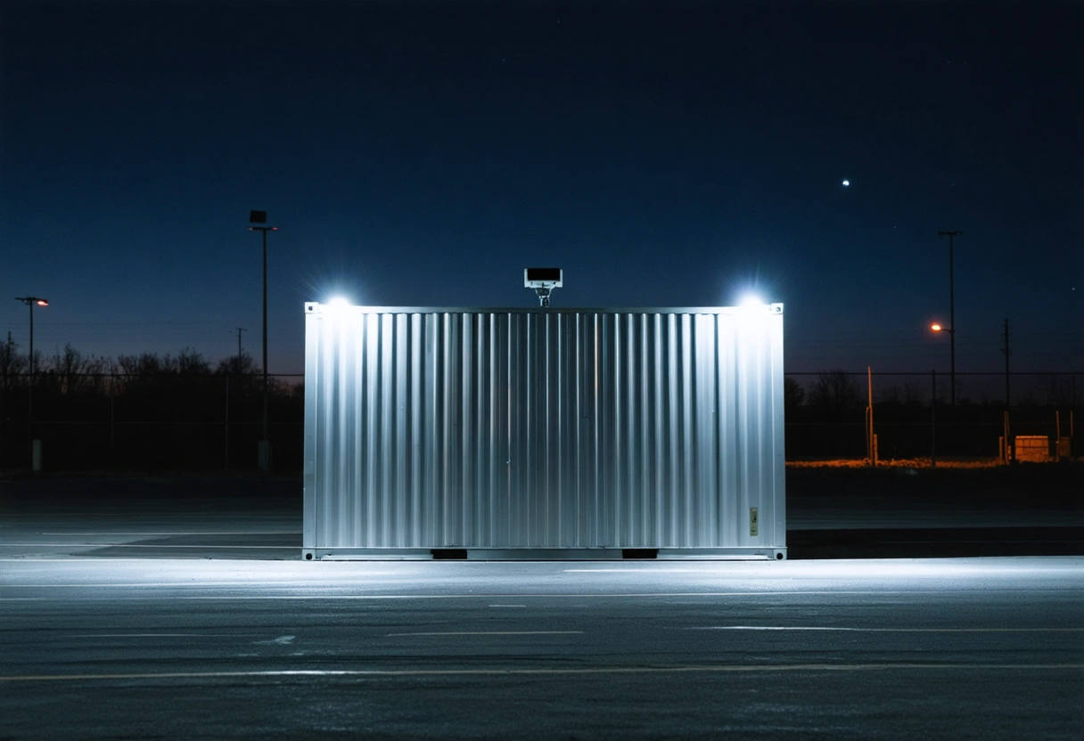 Steel storage container at night with motion-sensor lights and visible security camera