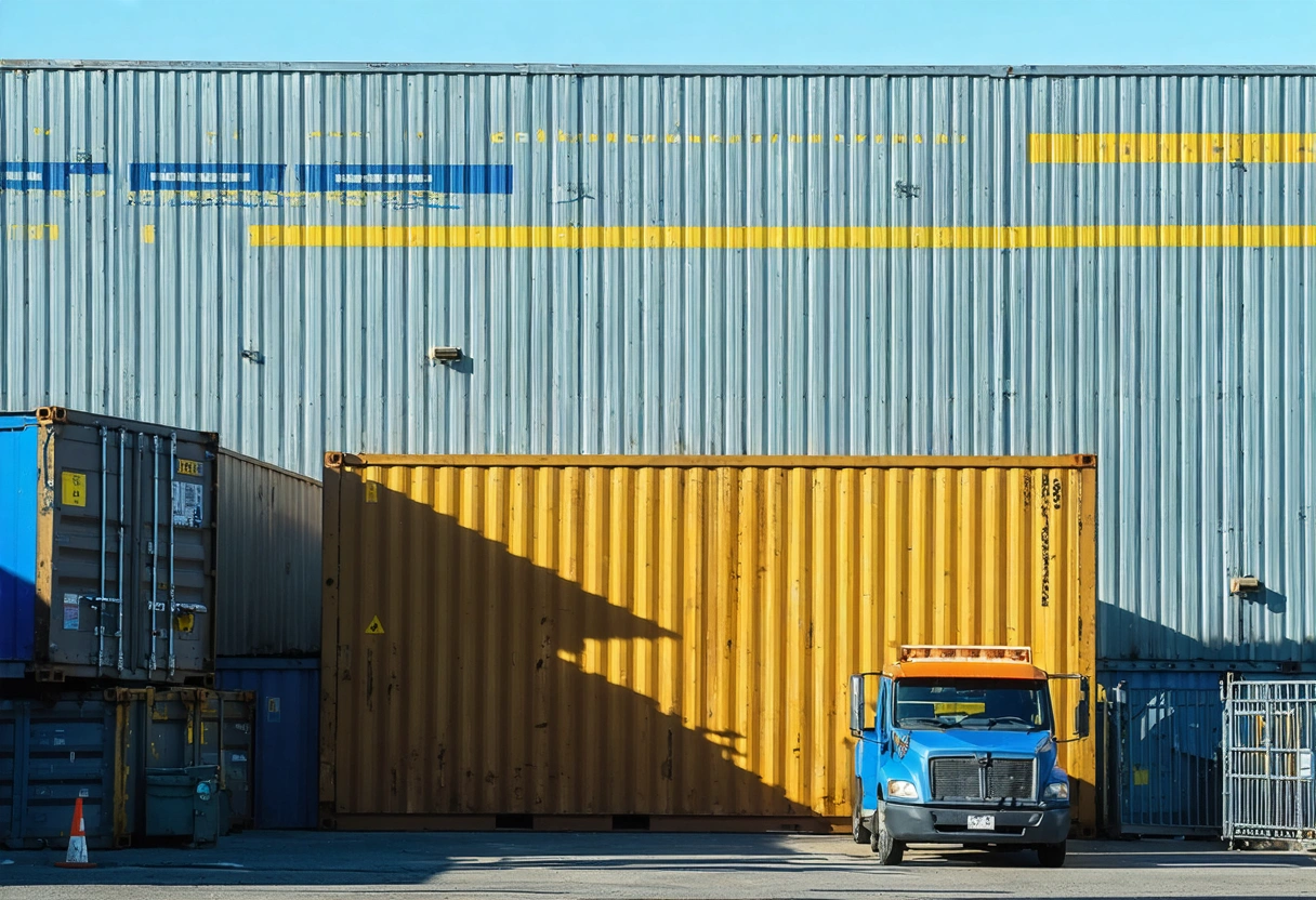 Secure on-site storage container behind locked metal fence with barriers, anti-climb paint, sunny day.