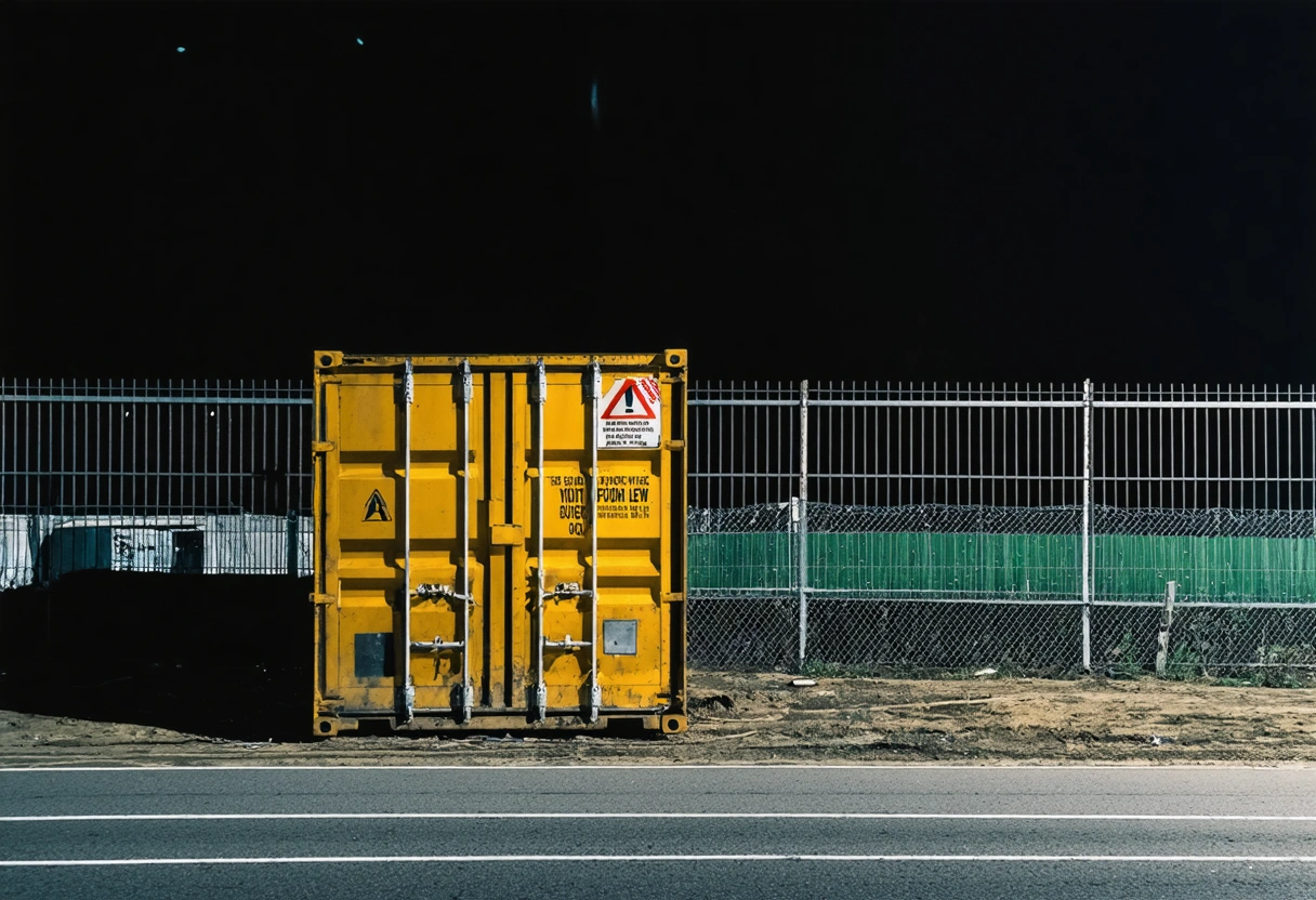 Storage container on job site near public road with warning sign and minimal lighting at dusk