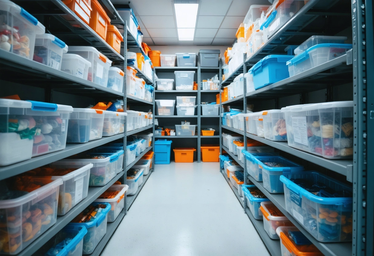 Interior of storage container featuring modular bins, clear containers, adjustable shelving, dividers, and organizers