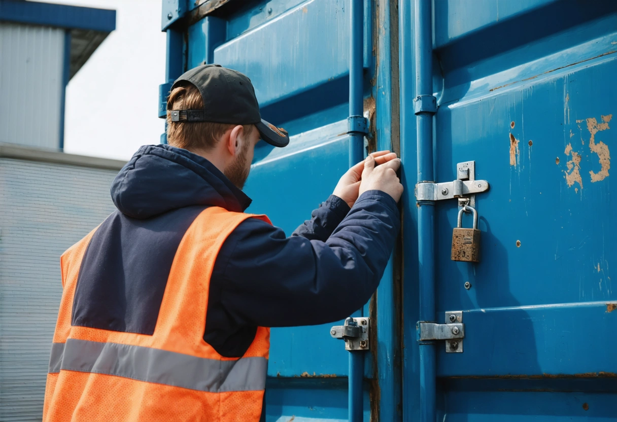 Person inspecting locks and hinges on secure on-site storage container in daylight.