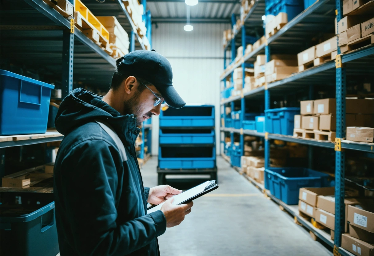 Person checking inventory with clipboard or tablet, labeled shelves and bins, organized workflow visible