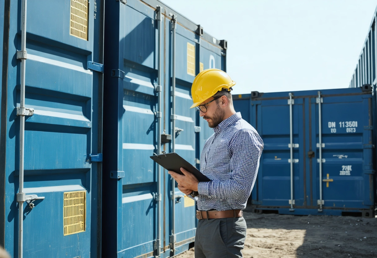 Project manager inspecting organized on-site storage containers with sustainability documents at a clean construction site