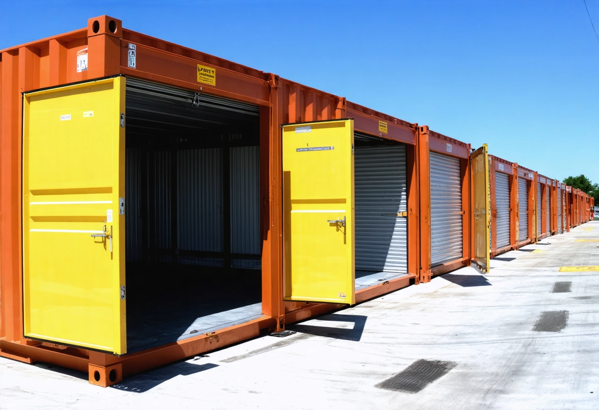 Multiple on-site storage containers of different sizes with open doors showing shelving and climate systems