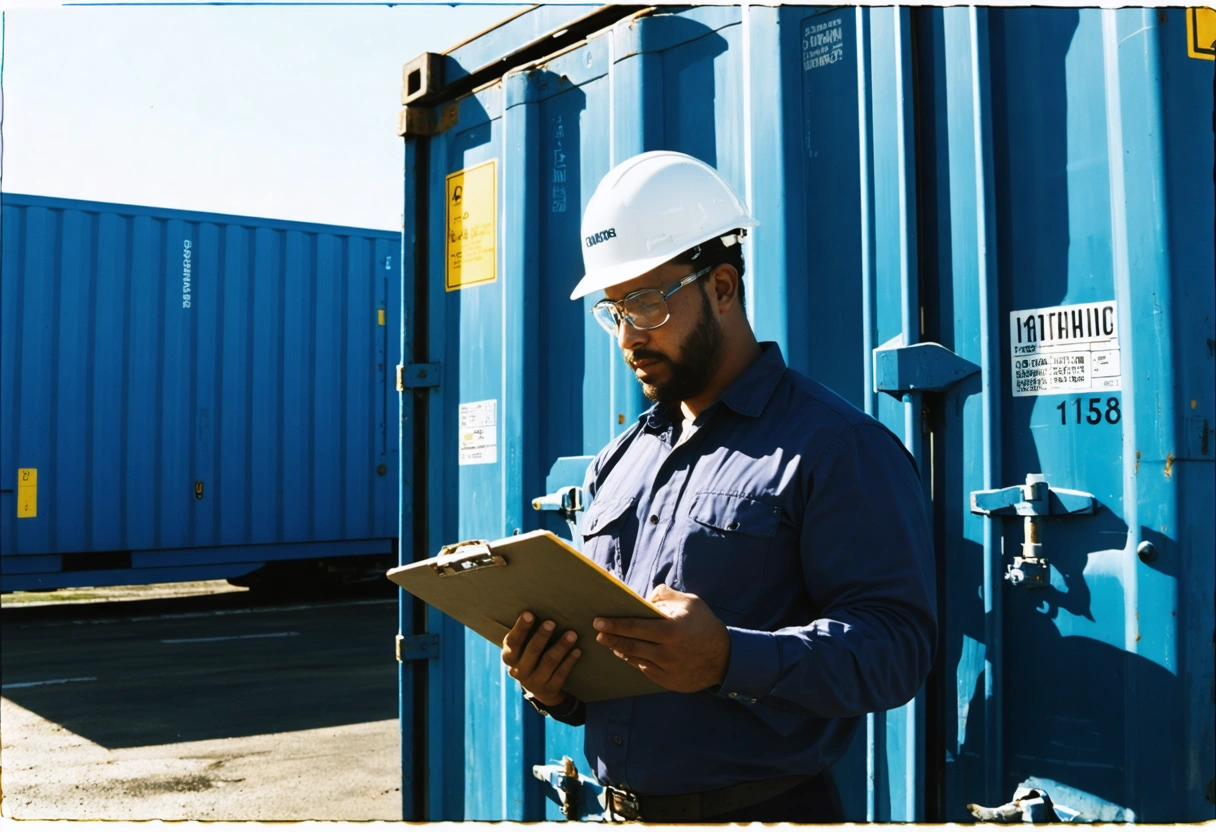 Technician inspects storage container locks and climate controls with clipboard, emphasizing maintenance and reliability