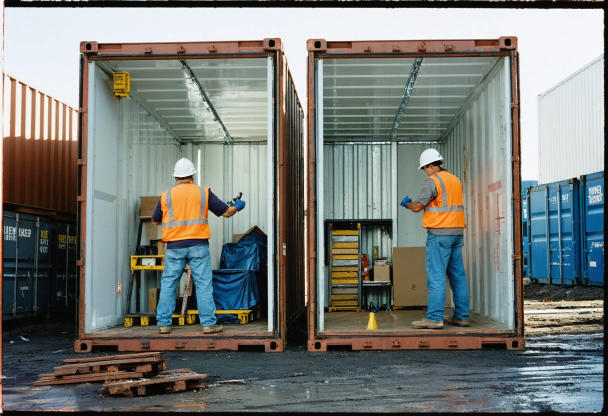Two storage containers at construction site with workers installing shelving and locks inside