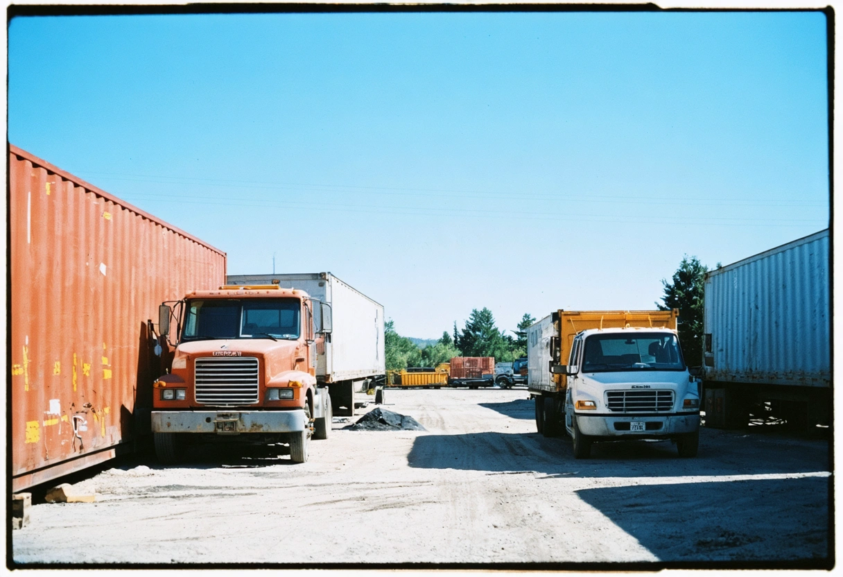 Construction site with on-site storage containers, few delivery trucks, and clear roads under bright daylight
