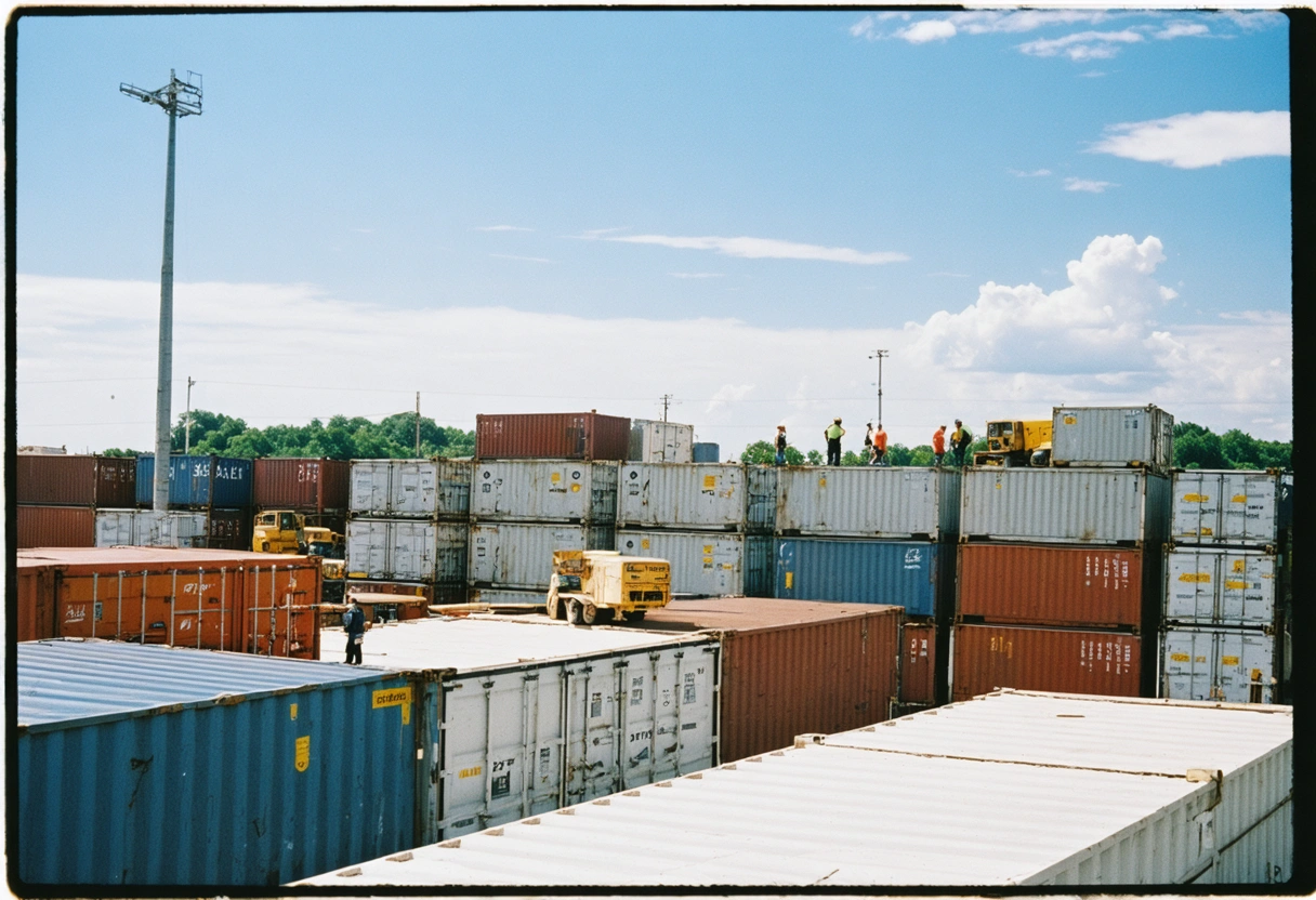 Bustling construction site with storage containers, workers engaged, sunny panoramic view.