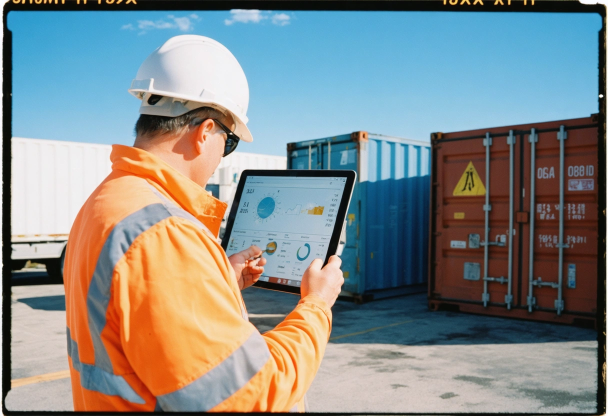 A construction manager reviewing weather forecasts on a tablet near storage containers. Clear sky, focused