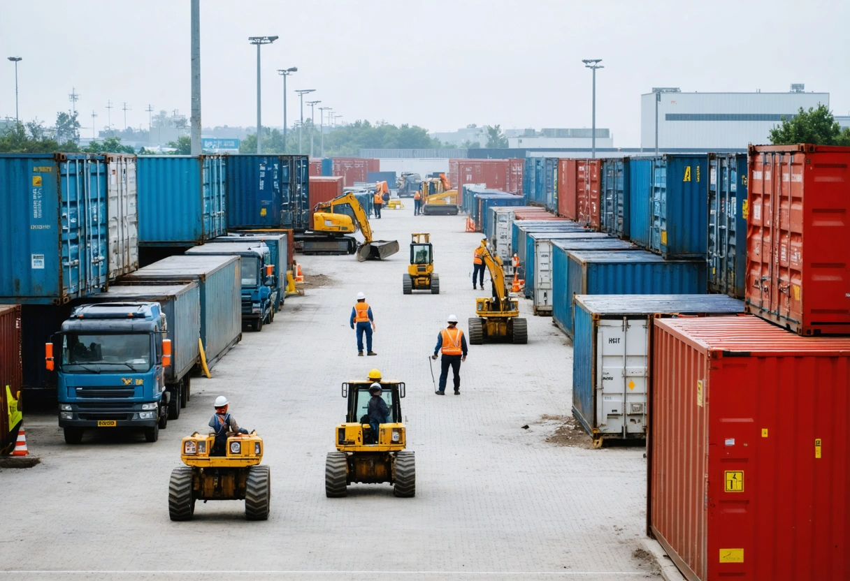Construction site with storage containers, workers moving materials, overcast sky.