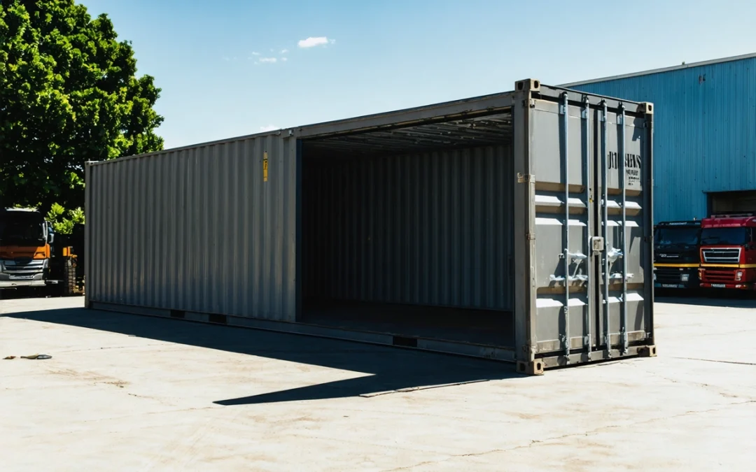 Open steel storage container in sunny outdoors, highlighting spacious interior and sturdy, weather-resistant build.