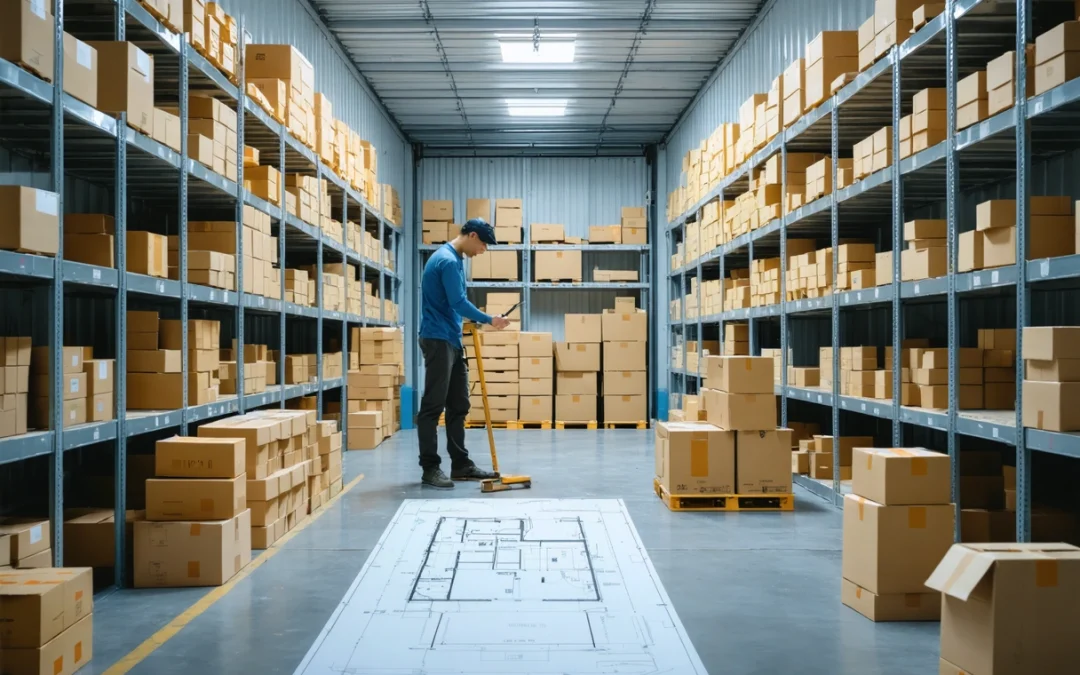 Organized storage container interior with labeled boxes, person sketching layout plan under bright lighting.