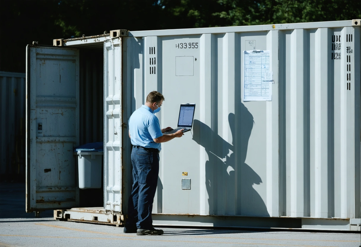 A person conducting a security audit of a storage container, using a checklist and laptop,