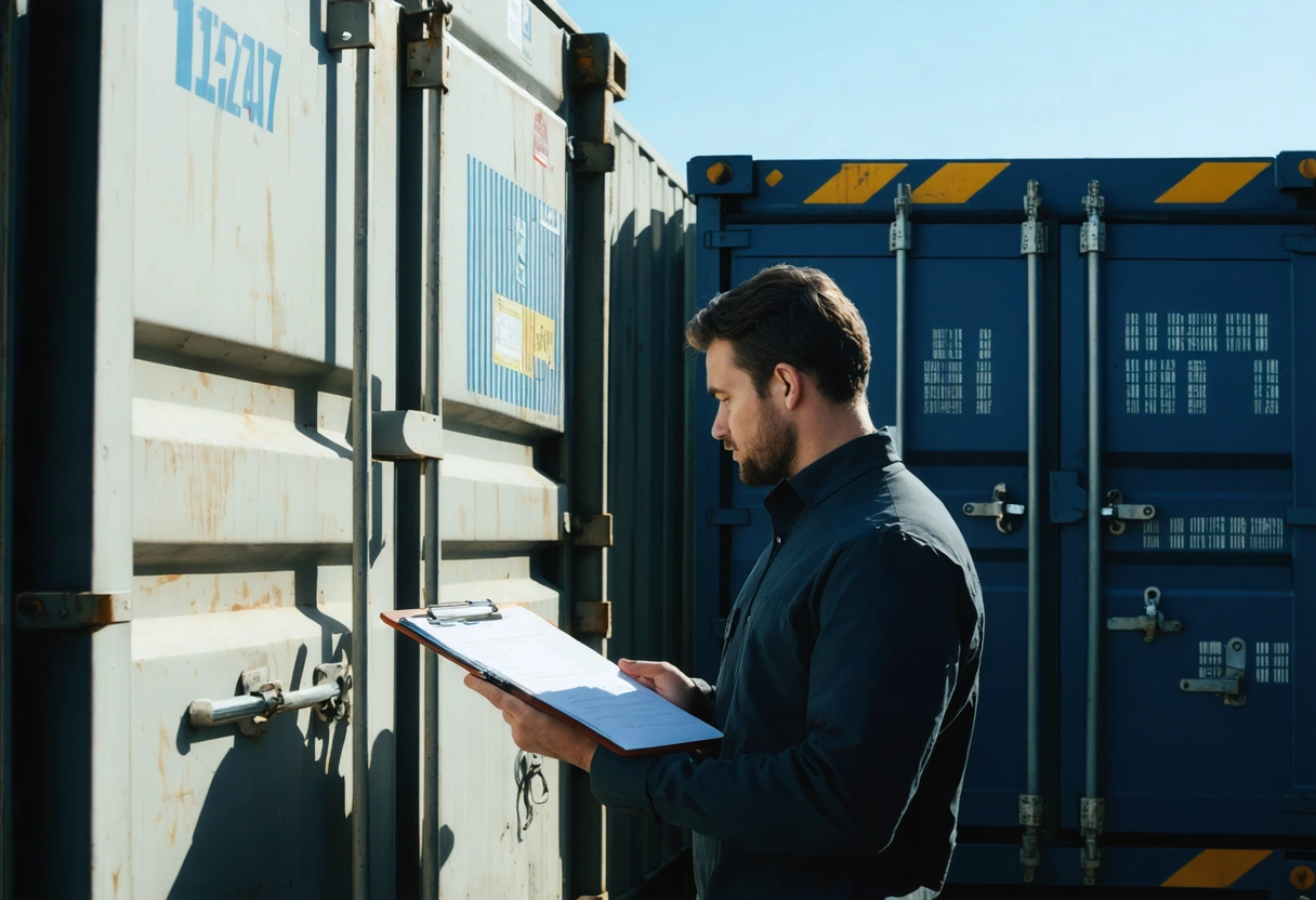 Person inspecting storage container locks and seals, holding clipboard
