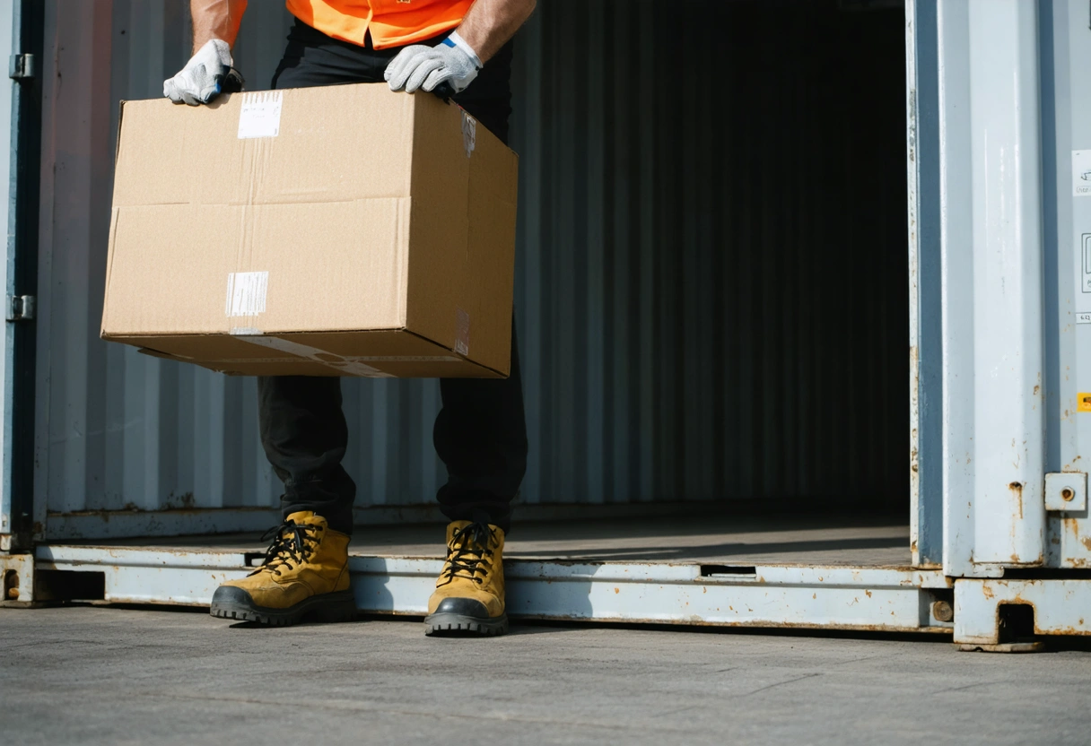Person lifting box with proper technique in safe storage container