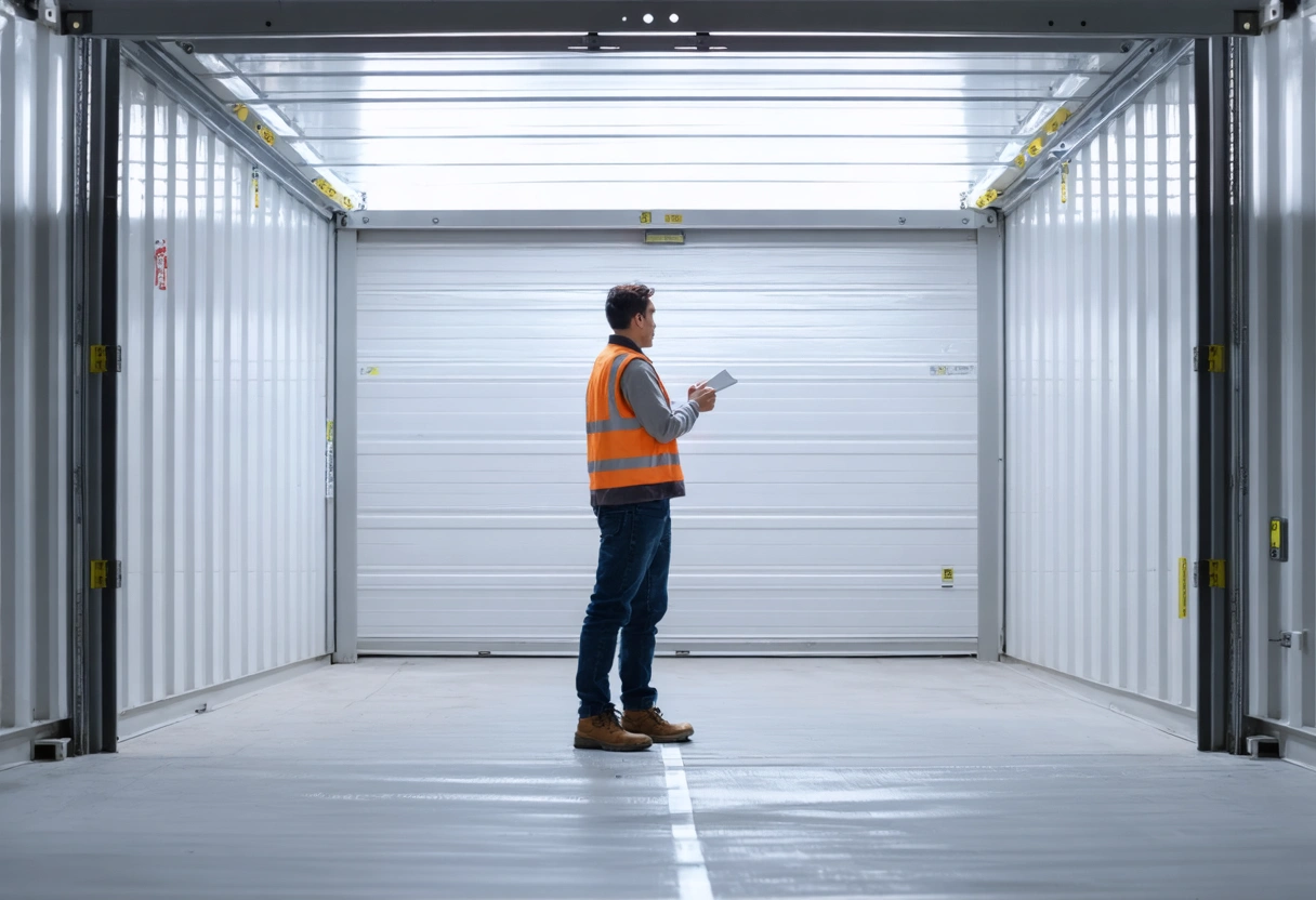 Person inspecting storage container interior for moisture or damage