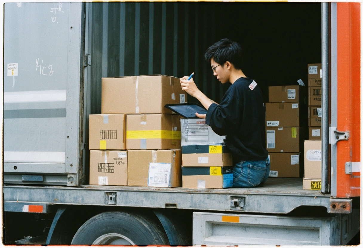 Person labeling boxes with color-coded system and digital inventory list