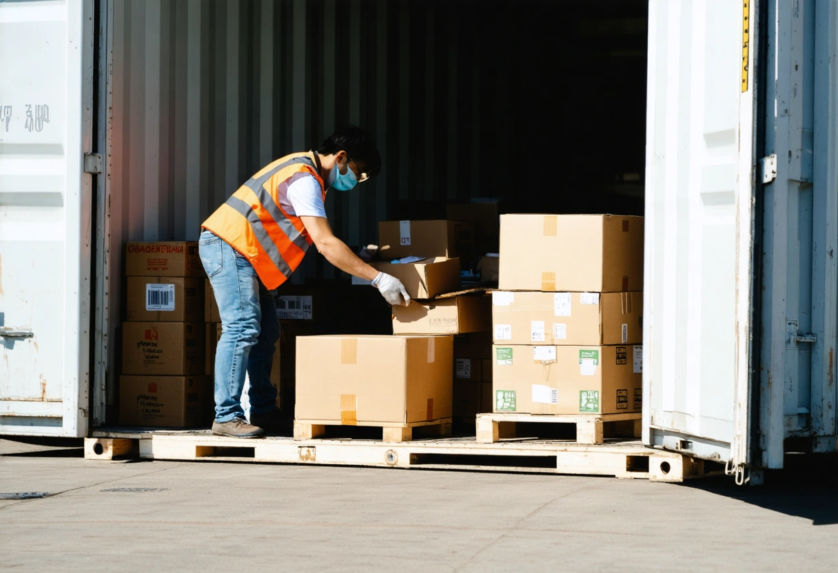 A person organizing an on-site storage container, placing boxes near the entrance, bright daylight, efficient