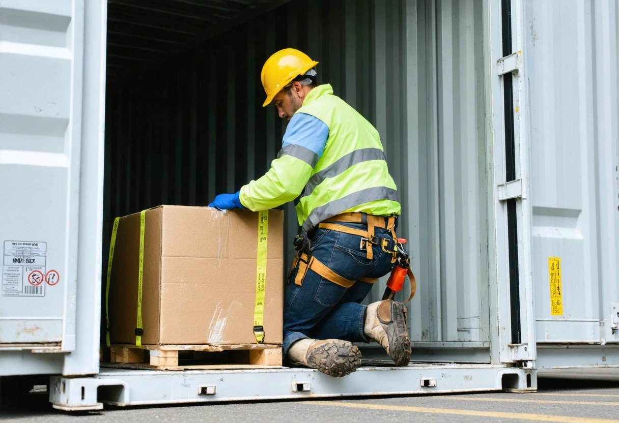A person securing boxes with straps inside a storage container, safety gear visible, bright lighting,