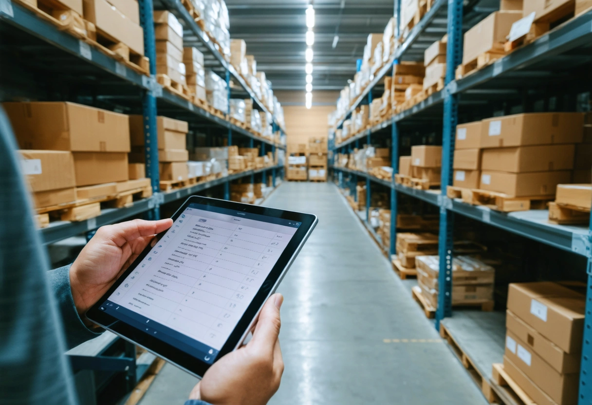 A person updating an inventory list on a tablet inside a storage container, boxes visible