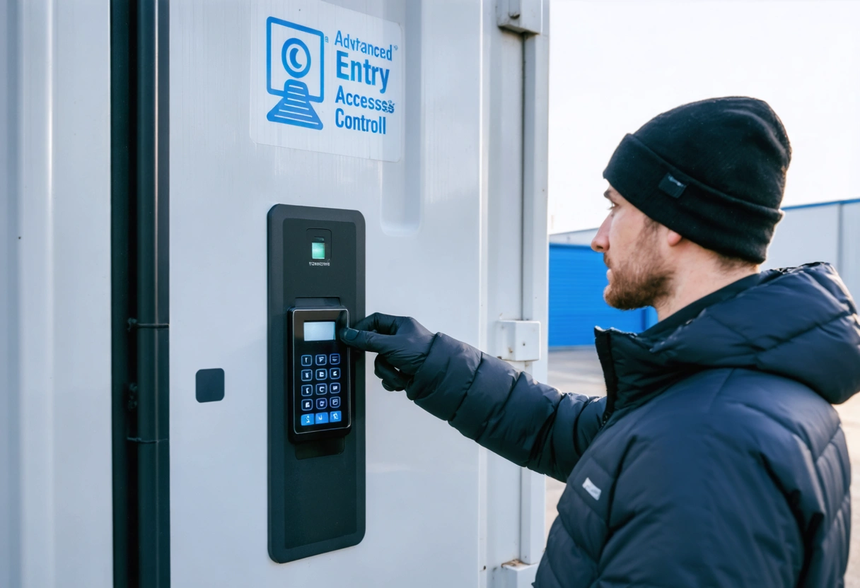 A person using a keypad entry system on a storage container, with biometric scanner nearby,